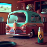 3d ilustración de un retro coche en el interior de el casa, ai generativo imagen foto