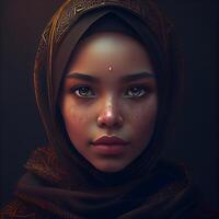 Portrait of a beautiful muslim woman with brown hair and arabian makeup., Image photo