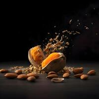 Flying nuts and dried fruits on a dark background. Healthy food concept, Image photo