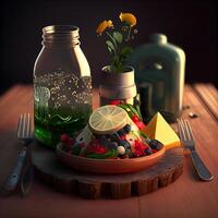 salad in a clay bowl on a wooden table. 3d illustration, Image photo