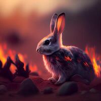 Rabbit in front of a burning fireplace. 3D rendering., Image photo