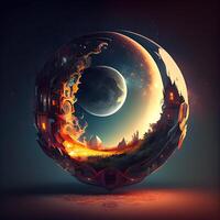 Fantasy landscape with the planet Earth and the moon. 3D rendering, Image photo