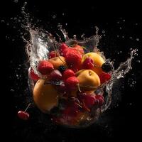 rojo manzana que cae dentro agua con chapoteo en negro antecedentes. superficial profundidad de campo, ai generativo imagen foto