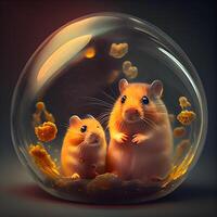 Hamsters in a glass ball with small cells on dark background., Image photo