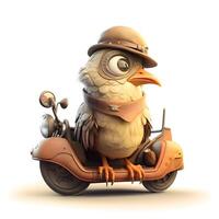 Cartoon owl sitting on a motorbike - 3D Illustration, Image photo