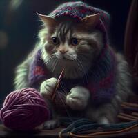 linda gato con tejido de punto agujas y pelota de hilo en oscuro fondo, ai generativo imagen foto