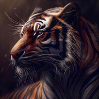 Portrait of a tiger in a dark forest. 3d rendering, Image photo