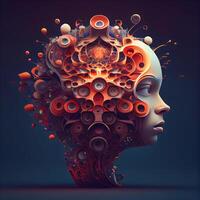 Futuristic female face made of colorful gears and cogwheels, Image photo