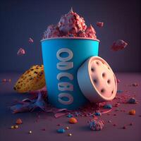 3d rendering of ice cream in a blue bucket and donuts, Image photo