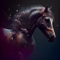 fantasía retrato de un negro caballo con vistoso salpicaduras en un negro fondo, ai generativo imagen foto