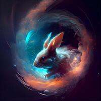 3d rendering of a white rabbit in the space surrounded by fire., Image photo