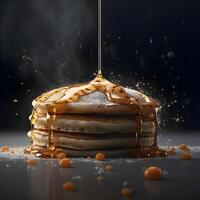 Pancakes with honey dripping from a spoon on a black background, Image photo