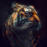 Tiger portrait with fire flames on black background. Digital painting., Image photo