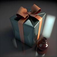 Gift box with a bow and a brown bottle on a black background, Image photo