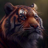 Portrait of a tiger in the dark forest. Digital painting., Image photo