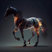 caballo corriendo con fuego efecto en oscuro antecedentes. 3d representación, ai generativo imagen foto