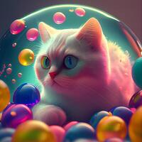 Cute white cat with colorful balloons in the shape of a planet., Image photo