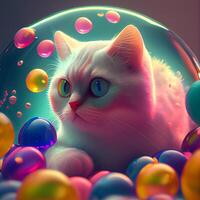 linda blanco gato con vistoso globos en el forma de un planeta., ai generativo imagen foto