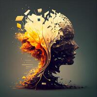 Abstract human head with fire effect on grey background. 3d rendering, Image photo