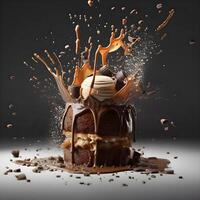 chocolate pastel con azotado crema y caramelo salsa en un negro fondo, ai generativo imagen foto
