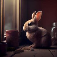 Rabbit sitting on the window sill in the morning. Easter concept, Image photo