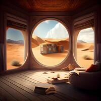 3d rendering of a house in the desert with a book and a sofa, Image photo