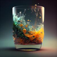 Colorful splashes in a glass on a dark background. 3d rendering, Image photo