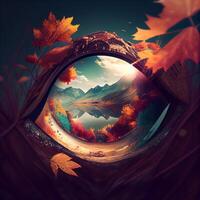 3D render of a spherical panorama 360 degrees angle view of beautiful autumn landscape with lake, forest and mountains under it., Image photo