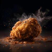 Fried chicken on a black background with smoke. Selective focus., Image photo