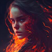 Fantasy portrait of a beautiful woman with red and orange fire on her face., Image photo