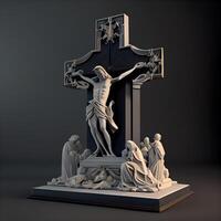 Cross and statue of jesus on the grave. 3d render, Image photo