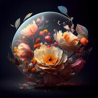 Beautiful flowers in the shape of a planet on a dark background, Image photo