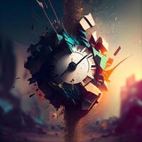 Time concept with clock and explosion effect. 3d rendering toned image, Image photo