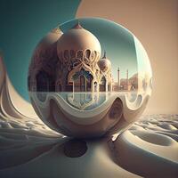 Crystal ball with mosque in the background. 3D illustration. Vintage style., Image photo