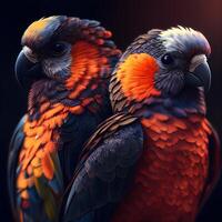 hermosa Pareja de loros en negro antecedentes. vistoso exótico aves., ai generativo imagen foto