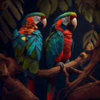 Colorful parrots sitting on a branch in the jungle. Illustration, Image photo