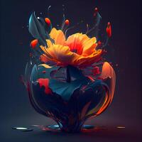 3d render of abstract flower in watercolor paint splashing on dark background, Image photo