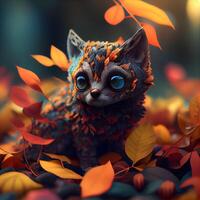 Funny cat in the autumn forest. 3d render illustration., Image photo