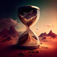 Hourglass in desert. Time passing concept. 3D Rendering, Image photo