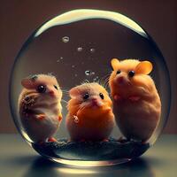 Hamsters in a glass ball with bubbles on a dark background., Image photo