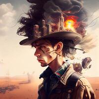 Steampunk man in the desert. 3d illustration. Elements of this image furnished by NASA, Image photo