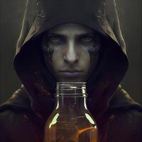 Portrait of a man with a bottle of poison. Halloween theme., Image photo