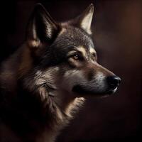 Portrait of a wolf in profile on a dark brown background., Image photo