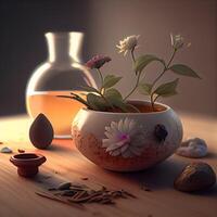 Spa still life with essential oil and flowers. 3d render, Image photo