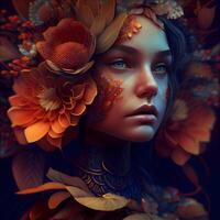 3d illustration of beautiful young woman with fantasy make up and flowers in her hair, Image photo