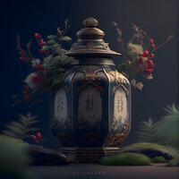 3D rendering of an ancient vase and a candle in the background, Image photo
