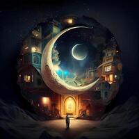 Ramadan Kareem background with crescent moon and arabic houses, Image photo