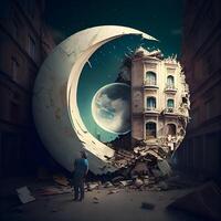 Conceptual image of a man standing in front of the moon and looking at the old city, Image photo