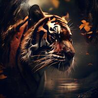 Portrait of a tiger in a dark forest. Digital painting., Image photo