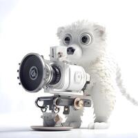 White polar bear with a camera on a white background. 3d illustration, Image photo